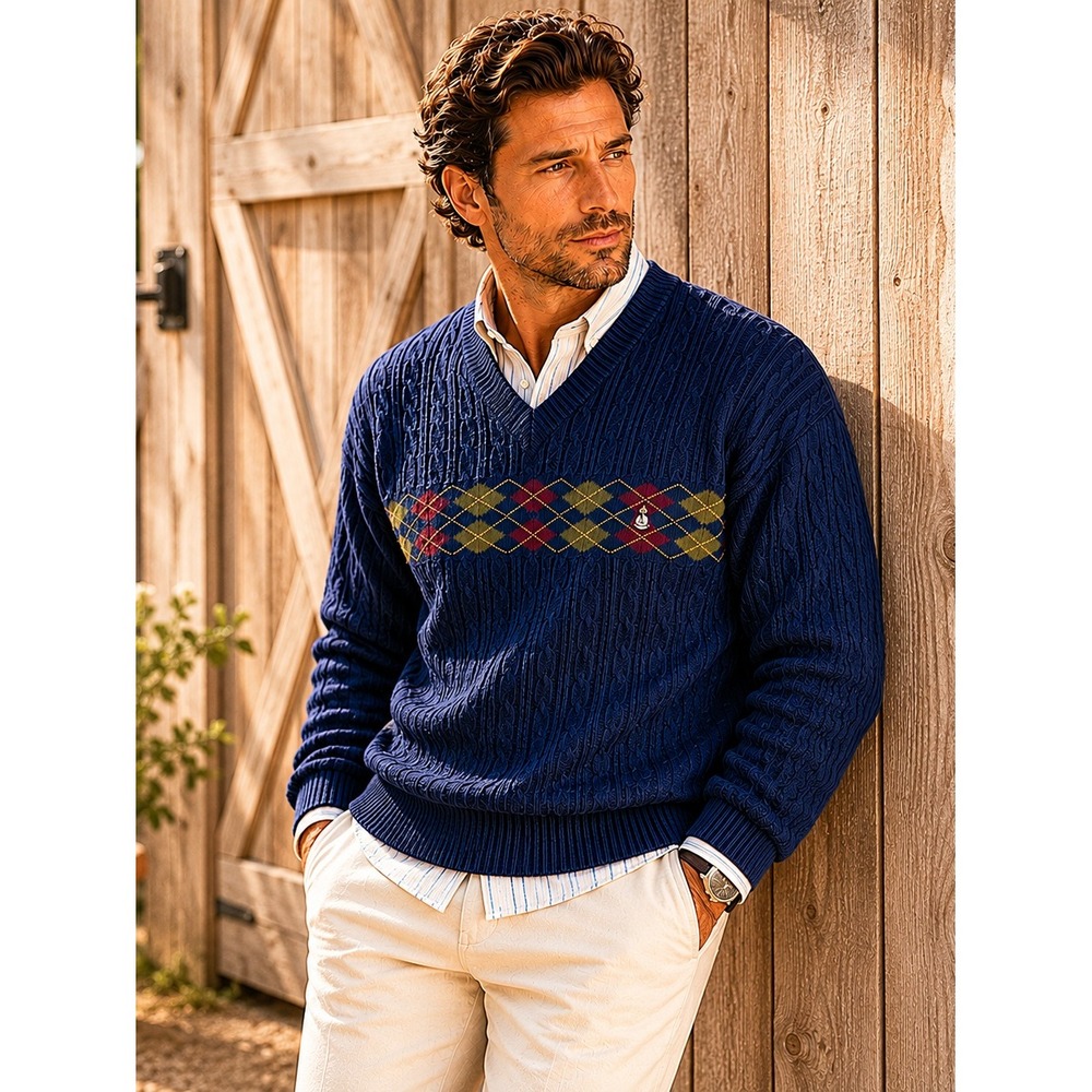 Vintage Y2K 90s Grand Slam Argyle Cable Knit V-Neck Sweater Men XXL Navy Golf